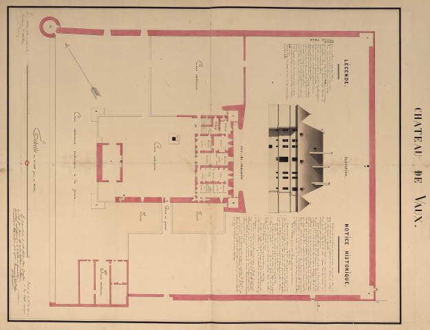 Château de Vaux. Elévation. Plan du rez-de-chaussée [image fixe] / Signé Vanneau. Contresigné par L. Ordinaire , 1853