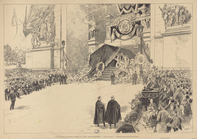 Avant la levée du corps à l'Arc de Triomphe. Les discours. [image fixe] / D'après nature par M. de Haenen ; SGAP.SC , 1885