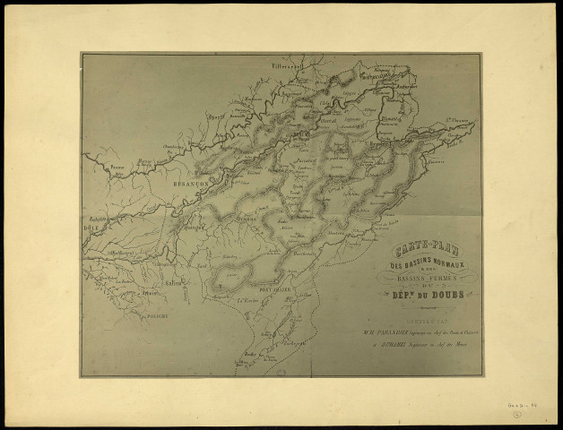 Carte-plan des bassins normaux et des bassins fermés du département du Doubs. Dressée par MM. Parandier et Duhamel. [Document cartographique] , 1900/1999