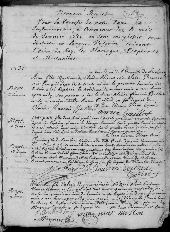 Paroisse de Notre Dame de Jussa-Mouthier : baptêmes (naissances), mariages, sépultures (décès) (3 janvier 1731 - 23 décembre 1742)