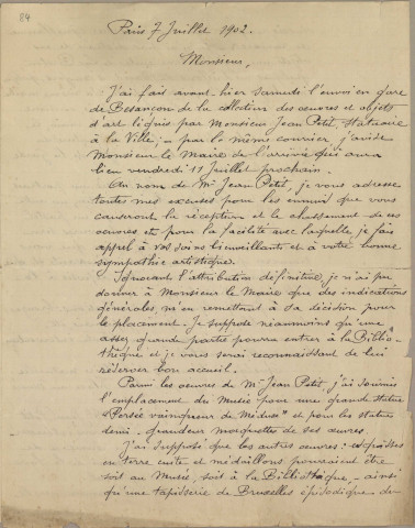 Dons et legs d'œuvres et d'objets : extraits de testaments, délibérations du conseil municipal, notification de dépôt de la Préfecture ou du Ministère de l'Instruction publique et des beaux-arts, listes d'objets et d'œuvres, correspondance.