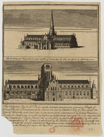 Londres, cathédrale St-Paul [Image fixe] : deux vues latérales avant et après l'incendie de la flèche , 1666