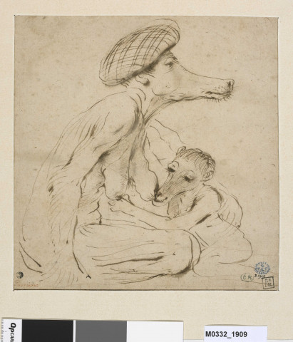 Caricature : femme-chien allaitant son enfant