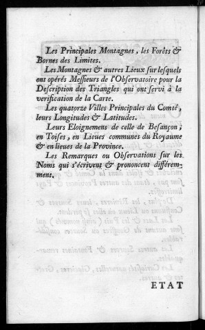 Etat par ordre alphabétique des villes, bourgs et villages du Comté de Bourgogne. Dressé au sujet de la nouvelle carte dédiée à monseigneur de Machault,... par le sieur Jean Querret, ingénieur des Ponts et chaussées