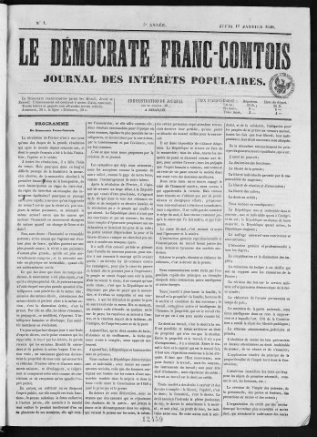 17/01/1850 - Le Démocrate franc-comtois. Journal des intérêts populaires : 1850, n° 1 (17 janvier) - n° 94 (22 août)