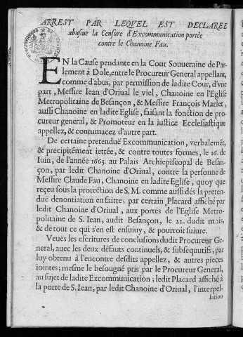Arrest par lequel estdéclarée abusive la censure d'excommunication portée contre le chanoine Fau