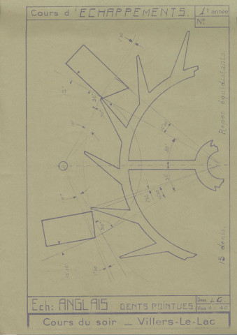 66MDT2 - dessins imprimés d'échappement anglais, d'échappement d'horloge « Graham », d'échappement à dents pointus, d'échappement à chevilles, du calibre 5 , de tracé à impulsion partagé (1946).