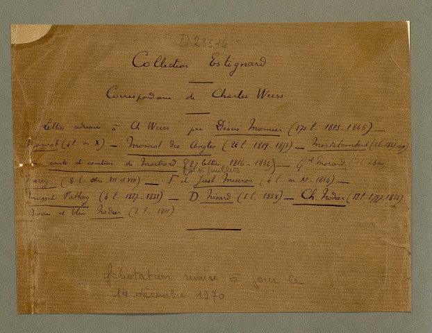 Ms 1909 - Correspondance de Charles Weiss (tome XXII) : de Monnier à Nodier