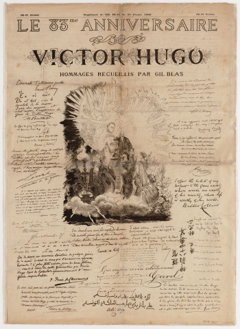 Le 83e anniversaire de Victor Hugo [image fixe] : Hommages recueillis par Gil Blas / Paul Eugène Mesplès inv , Paris, 1885