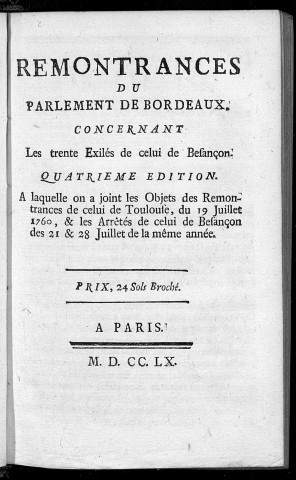 Remontrances du Parlement de Bordeaux concernant les trente exilés de celui de Besançon