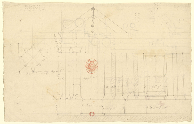 Fronton et plans d'architecture divers [Dessin] , [S.l.] : [s.n.], [1750-1799]