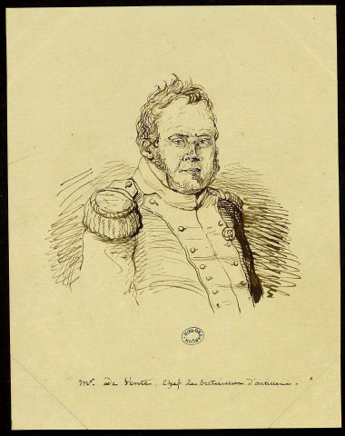 M. de Vente, Chef de bataillon d'artillerie. Buste légèrement tourné à droite, regardant de face [dessin] , [S.l.] : [s.n.], [1800-1899]
