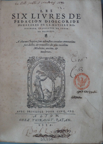Les six livres de Pedacion Dioscoride d'Anazarbe de la matière médicinale, translatez de latin en françois. A chacun chapitre sont adjoustées certaines annotations... recueillies des plus excellens médecins, anciens et modernes