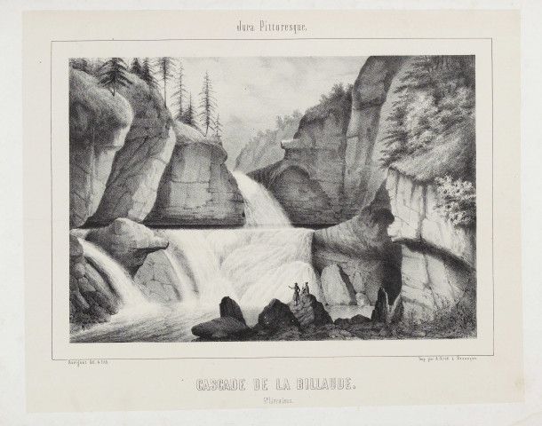 Cascade de la Billaude [estampe] / Ravignat, del. et lith.  ; Imp. par A. Girod à Besançon , Besançon : Impr. A. Girod, [1800-1899] Jura pittoresque ; 4è livraison