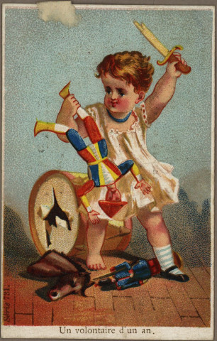 Avis de passage publicitaires de chapellerie Ducat, Grande-Rue, n°67 à Besançon, imp Ducret au verso, comprenant différentes images au recto (2 cartes) :
- Les deux amis.
- Un volontaire d'un an.