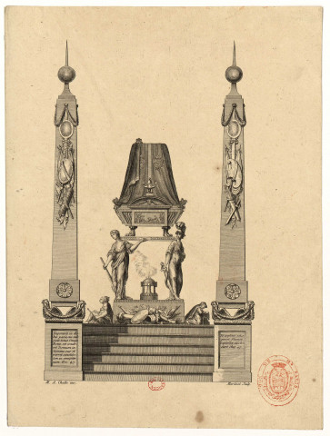 Tombeau [d'Elisabeth Farneze ?] orné d'emblèmes militaires [image fixe] / M.A. Challe inv., Martinet sculp , 1750/1799