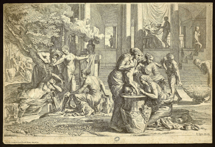 [Thétis plongeant Achille dans un vase rempli d'eau du Styx ] [estampe] / P. Testa fecit ; Arnoldus Van Westerhout excudit Romae Sup. Perm. , Rome : Arnold Westerhout, [vers 1630]