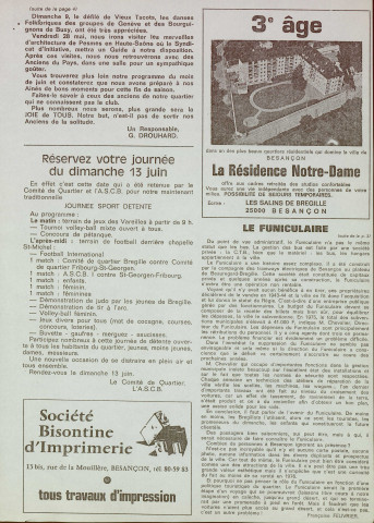 Funiculaire de Bregille, publications, imprimés et reportages photographiques : fiches d'horaires et tickets de transports, articles de presse, extraits de délibérations du conseil municipal, reportages photographiques internes relatifs à la réfection du funiculaire en 1981 et de l'enlèvement des wagons en 1988, Numérisation partielle.