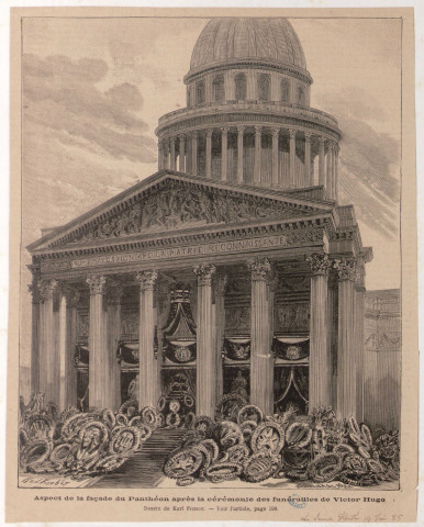 Aspect de la façade du Panthéon après la cérémonie des funérailles de Victor Hugo. [image fixe] / Dessin de Karl Fichot ; Navellier & L. Marie , 1885