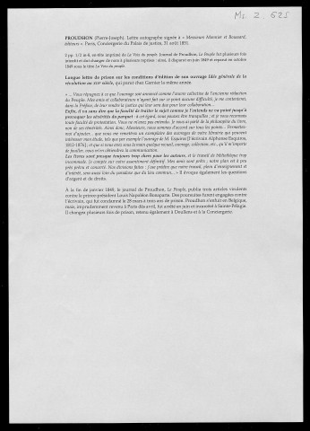 Ms Z 625 - Pierre-Joseph Proudhon. Lettre à ses éditeurs. Paris, Conciergerie du palais de Justice, 31 août 1851.
