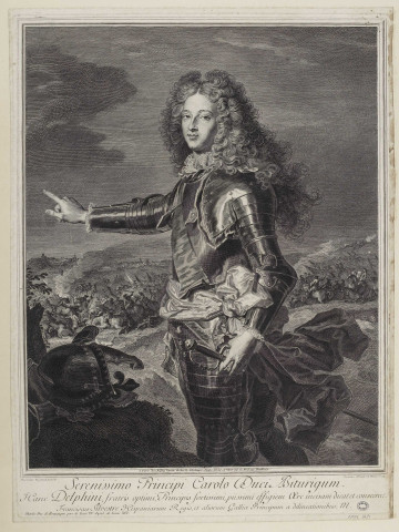 Serenissimo Principi Carolo Duci Biturigum. / Hiacintus Rigaud pinxit. a Paris chez Bligny Lancier du Roi, M. d'Estampes, Peintre, Doreur, et Vitrier Cour du Mané aux Thuilleries. Susanna Silvestre le Moine Sculp..- A Paris : Bligny