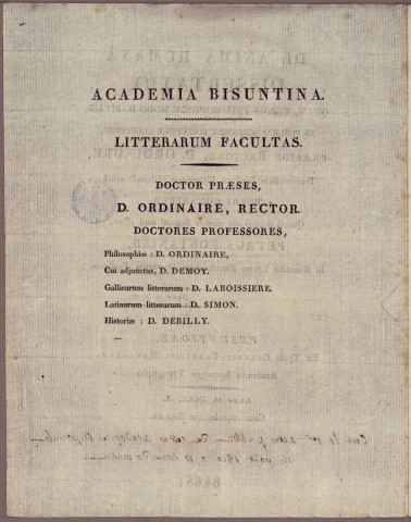 De anima humana dissertatio, quam, thesis philosophicae modo habitam, in publico Academiae Bisuntinae auditorio, praeside rectore, D. Ordinaire, doctoratus in facultate litterarum obtinendi caus, tueri conabitur, quarta decima die mensis augusti anni 1810, Petrus Fontanier, in Bisuntino lycaeo humaniorum litterarum professor ....