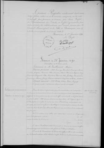 Registre des délibérations du Conseil municipal, avec table alphabétique, du 28 janvier 1890 au 31 mars 1892