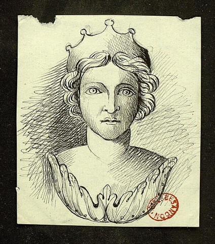 [Dole ou environs de Dole ?]. Figure couronnée, roi ou ange de face / Armand Marquiset , [S.l.] : [A. Marquiset], [s.d.]