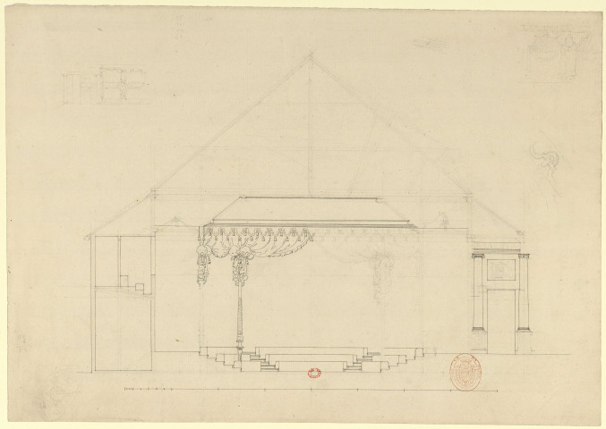 Versailles [Dessin] : Théâtres : Coupe d'un petit théâtre à un étage : coupe au niveau des gradins du parterre , 1750/1799