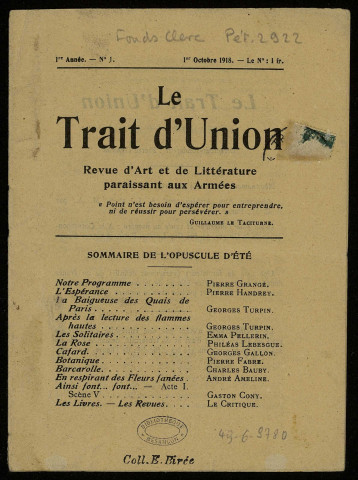 Le Trait d'Union [Texte imprimé] : revue d'art et de littérature paraissant aux Armées