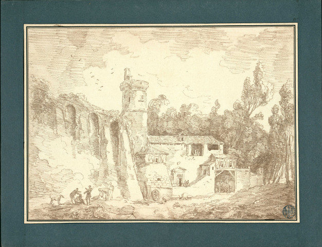 17 - Personnages autour d'un feu au pied d'une muraille , [France ?], [vers 1765]