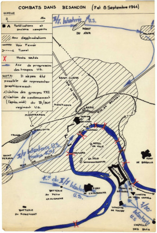 Libération de Besançon, témoignage et préparation de notices et d'ouvrages relatant l'histoire de la Libération de Besançon : compte-rendu du lieutenant Saulnier au capitaine Deschamps commandant de la Compagnie (s.d.), copie d'un témoignage manuscrit du lieutenant Saulnier (s.d.), copie d'un compte-rendu d'Adrien Saulnier sur ses activités pendant l'Occupation et au cours de la Libération de Besançon (s.d.), documents biographiques concernant A. Saulnier (s.d.), cartes schématiques sur calques concernant la Libération de Besançon (s.d.), réponse d'Adrien Saulnier à un questionnaire du Général R. Eymin (1991), copies de cartes sur l'implantation des organisations de résistance en Franche-Comté (sources : Musée de la Résistance de Besançon ?) (s.d.), correspondance avec le Lieutenant-Colonel Dutriez (1973), copie d'un ordre du capitaine Grillier au lieutenant Saulnier pour l'envoi d'hommes la nuit du 6 au 7 septembre 1944 [ 6 septembre 1944], témoignage et correspondance de Geneviève Besnard (soeur d'Adrien Saulnier) concernant Mme Marchand, représentante de la Croix Rouge (1994), copie d'un récit tapuscrit (auteur ?) sur la Libération de Besançon (s.d.), articles de presse (1994-2004).