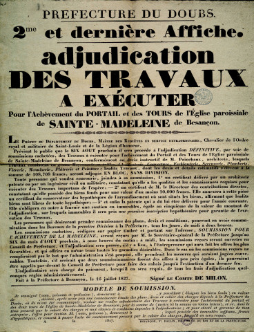 Demande d'enlèvement des armoiries rappelant la papauté : pétition (1793) ; bris d'une cloche : procès-verbal de constat (1803) ; demande de travaux par la Fabrique : rapport (1820) ; construction et aménagement du perron : délibération du conseil municipal, soumission, correspondance (1862-1863) ; démolition des échoppes adossées à l'église : correspondance (1870) ; travaux : délibération du conseil municipal, actes d'engagement, correspondance (1875-1911) ; réparations : délibérations du conseil municipal, devis, plan, correspondance (1920-1937).