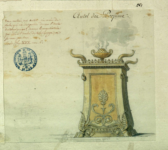 Autel des parfums dans le temple de Salomon, pour "Athalie" de Jean Racine, Fontainebleau, 1785. Projet de décor de théâtre / Pierre-Adrien Pâris , [S.l.] : [P.-A. Pâris], [1700-1800]