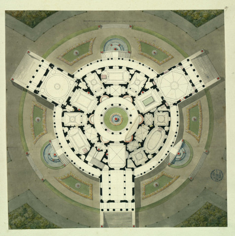 Projet de maison de campagne inspiré des villas de l'antiquité romaine. Plan / Pierre-Adrien Pâris , [S.l.] : [P.-A. Pâris], [1700-1800]