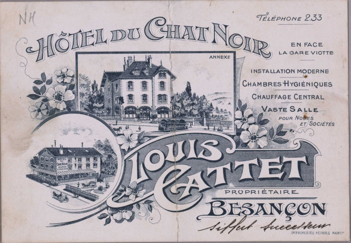 [Carte publicitaire - Hôtel du Chat Noir (en face de la gare) - Louis Cattet, Propriétaire - Ch. Siffert Succ.] [image fixe] , 1904/1908