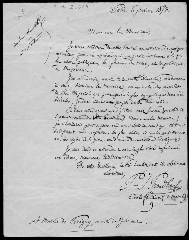 Ms Z 604 - Pierre-Joseph Proudhon. Lettre à Victor Fialin, duc de Persigny, ministre de l'Intérieur. Paris. 6 janvier 1853.