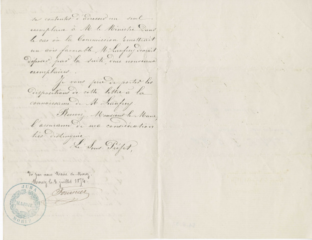 1954.6.37 - Lettre de M. le Sous Préfet du Jura adressée à M. le Maire de Morez concernant une invention de Joseph Lanfrey