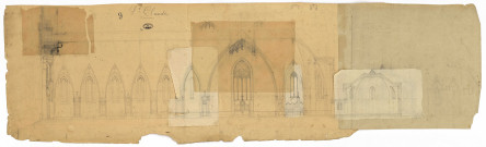 Eglise Saint-Claude, projet de construction, détails des façades latérales : plan et croquis (brouillon, s.d.. , porte le n°9).
