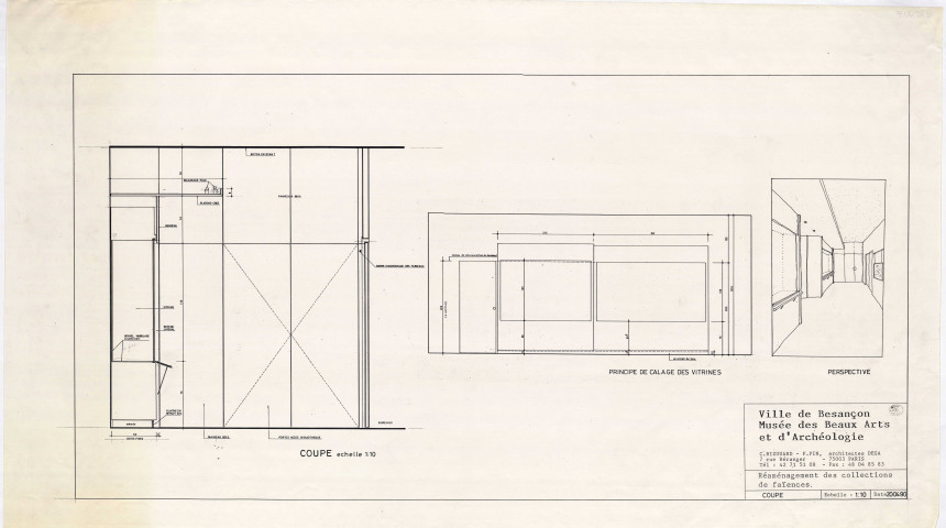Musée des Beaux-Arts, aménagement de la galerie des faïences (niveau 3) : plan d'élévation et coupes (architectes : C. Bizouard et F. Pin).