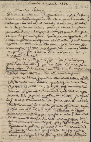 Ms Z 634 - Pierre-Joseph Proudhon. Lettre à Auguste Rolland. Bruxelles, 1er août 1861.