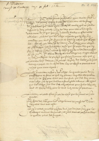 Ms Z 600 - Antoine Perrenot de Granvelle. Lettre à Marguerite de Parme. Poissy. 8 février 1562.