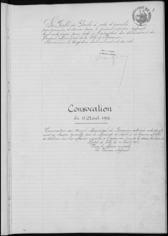 Registre des délibérations du Conseil municipal, avec table alphabétique, du 16 août 1916 au 8 août 1919