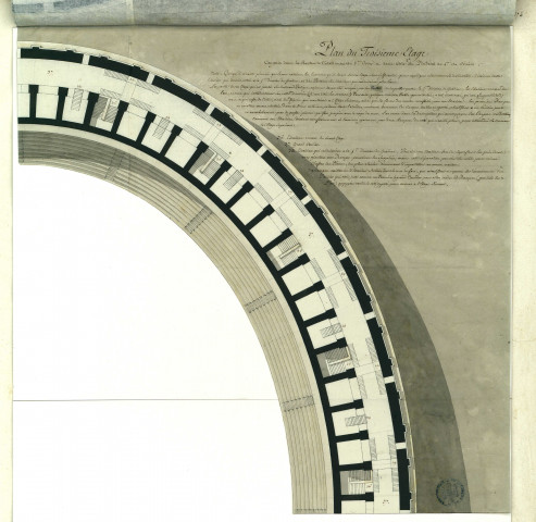 Plans de l'amphithéâtre Flavien nommé vulgairement le Colisée à Rome réunis les uns sur les autres dans leur ordre naturel : plan de la galerie qui couronnait l'amphithéâtre et qui renfermait la dernière division de gradins ; plan du quatrième étage ; plan du troisième étage ; plan du second étage ; plan du premier étage ; plan du rez-de-chaussée / Pierre-Adrien Pâris , [S.l.] : [P.-A. Pâris], [1700-1800]