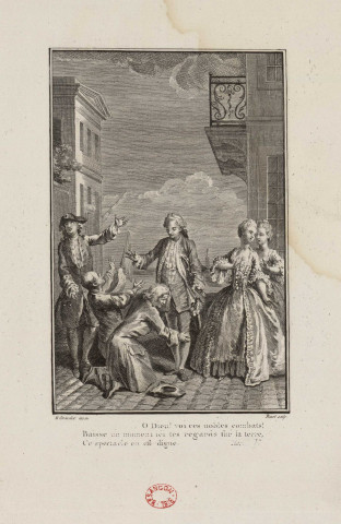 Gravure pour l'acte V scène 6 de "L'Honnête criminel" de Fenouillot de Falbaire [image fixe] / H. Gravelot inven. Binet sculp. , Paris, 1767