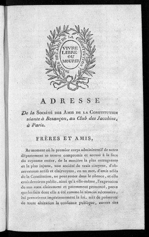 Adresse de la Société des Amis de la Constitution séante à Besançon. au Club des Jacobins, à Paris