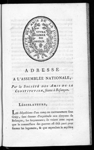 Adressé à l'assemblée nationale par la Société des amis de la constitution, séante à Besançon