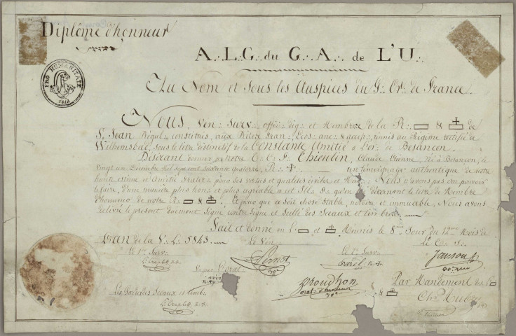 Diplôme de membre d'honneur de la Loge attribué au Frère Claude Etienne Thieulin, membre de celle-ci.