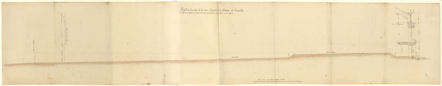 Versailles [Dessin] : projets pour la reconstruction du château : Versailles : profil de la pente des cours du château. Année 1779 / [Pierre-Adrien Pâris] , 1779