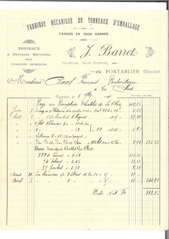 François Baud , correspondance professionnelle : factures et ordres de paiement .